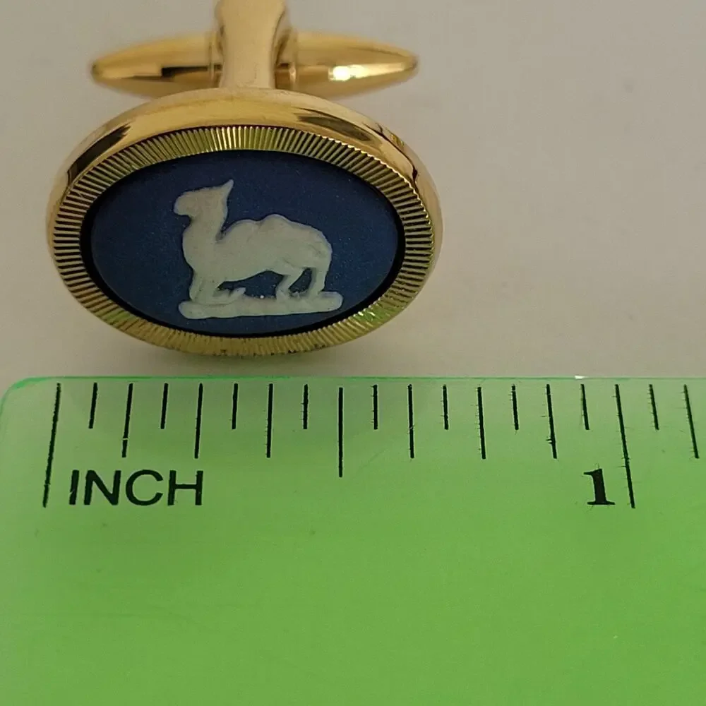 Wedgewood Jasperwear Tie Bar Clip Cufflinks Set Gold Blue Tone Camel England